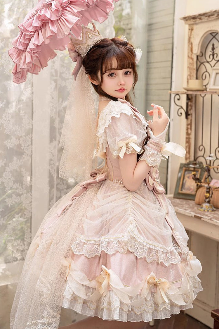 Pink Girls' Day Short Sleeves Multi-Layered Ruffle Bowknot Lace Sweet Lolita Dress 2 Versions