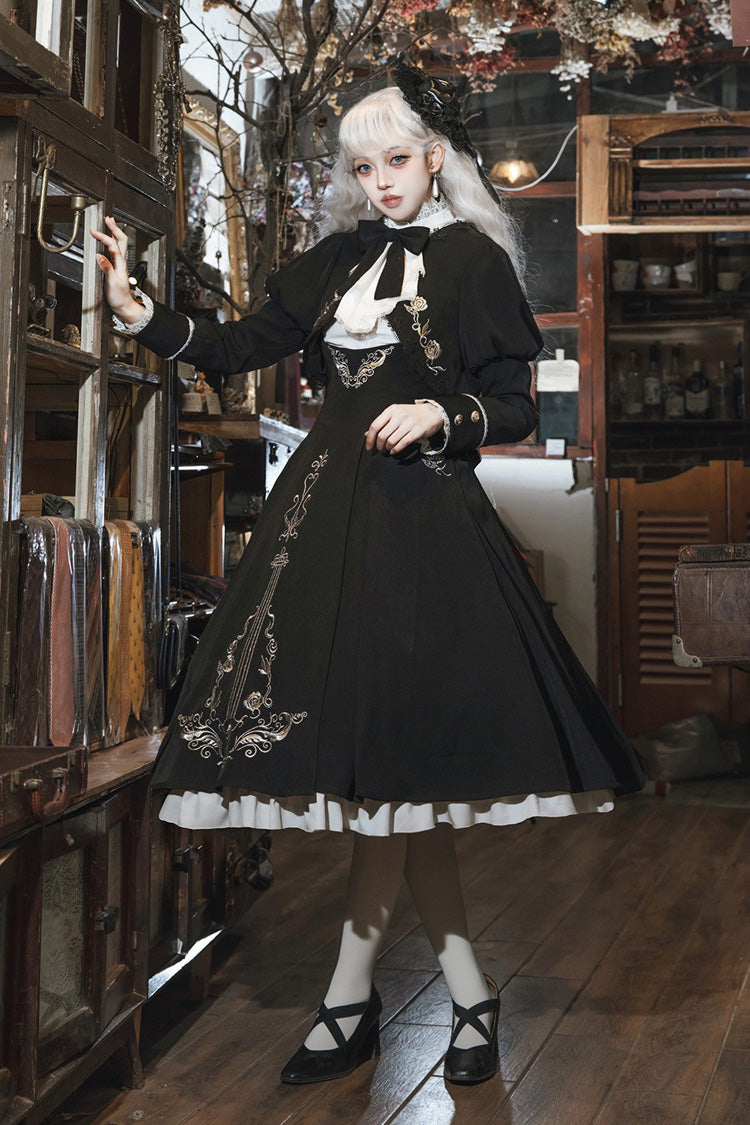 Black/White Violin Variations Ruffled Embroidered Gothic Lolita Jumper Dress Set
