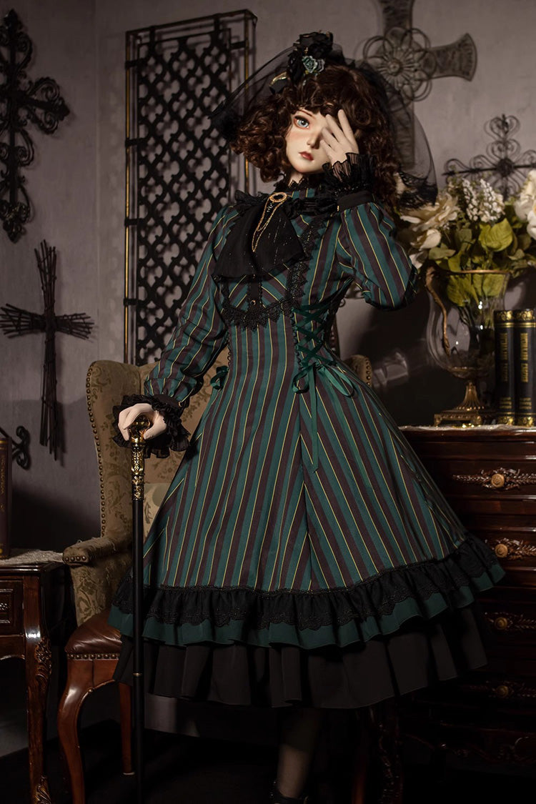 Point Manor Stand Collar Long Sleeves Multi-layer Striped Print Ruffle Gothic Lolita Dress 4 Colors