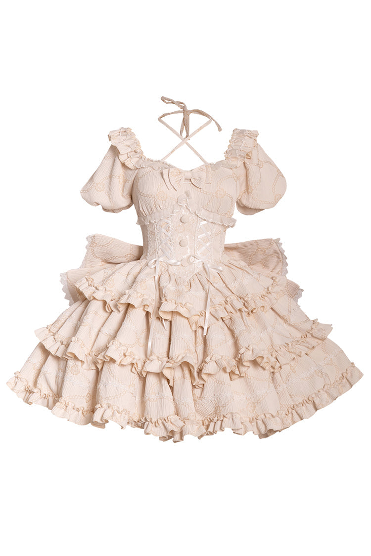 Champagne Square Collar Short Sleeves Triple-Layered Ruffle Bowknot Sweet Lolita Dress