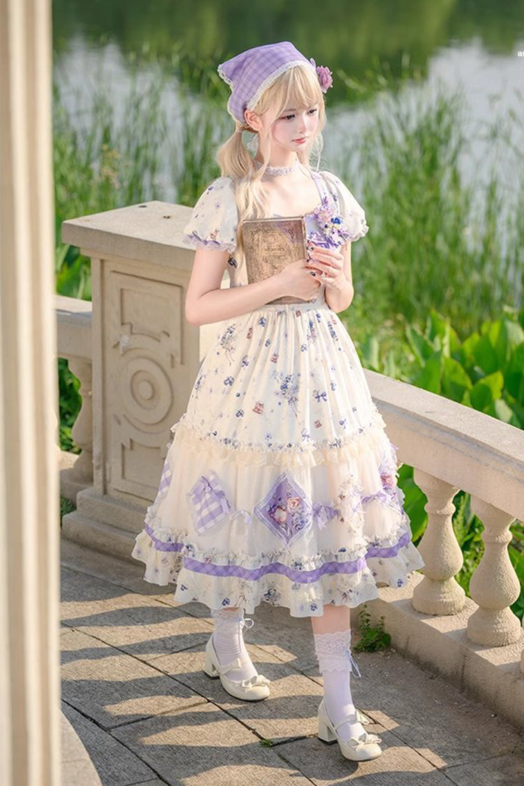 Purple/Ivory Blueberry Pie Print Short Sleeves Ruffle Bowknot Sweet Lolita Dress