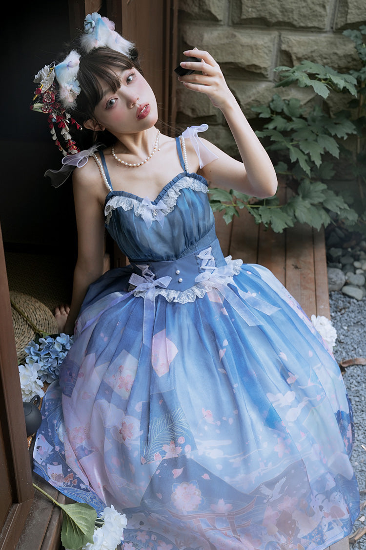 Blue/Pink Mount Fuji Cherry Blossom Season Print Bowknot Sweet Lolita Skirt