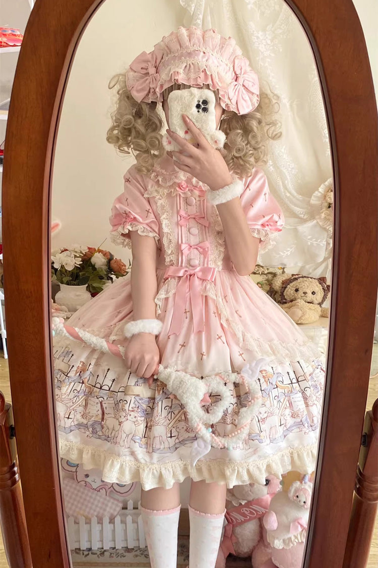 Pink Angel Lamb Lapel Collar Short Sleeves Printed Ruffled Bow Sweet Lolita Dress
