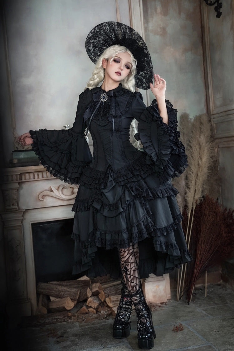 Black Immortal Phoenix Long Hime Sleeves Multi-Layered Ruffled Bow Lace-Up Gothic Lolita Skirt Dress Set