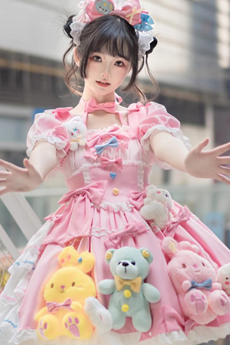 Pink Square Collar Print Doll Party Detachable Sleeves Ruffle Bowknot Sweet Princess Lolita Dress