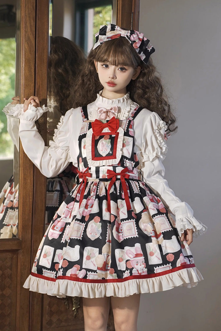 Black Letter from Showa Rabbit and letter Print Ruffle Bowknot Sweet Princess Lolita Strap Dress