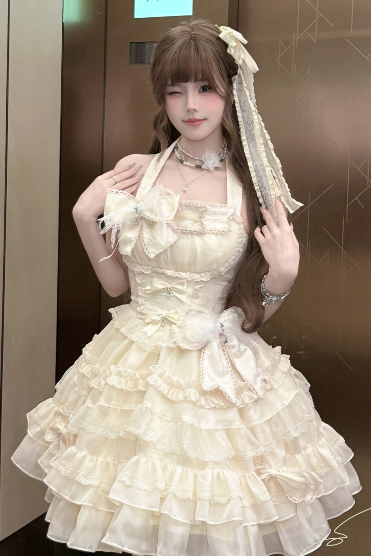 Apricot Swan Overture Halterneck Sleeveless Multi-Layered Ruffle Bowknot Lace Sweet Lolita Dress