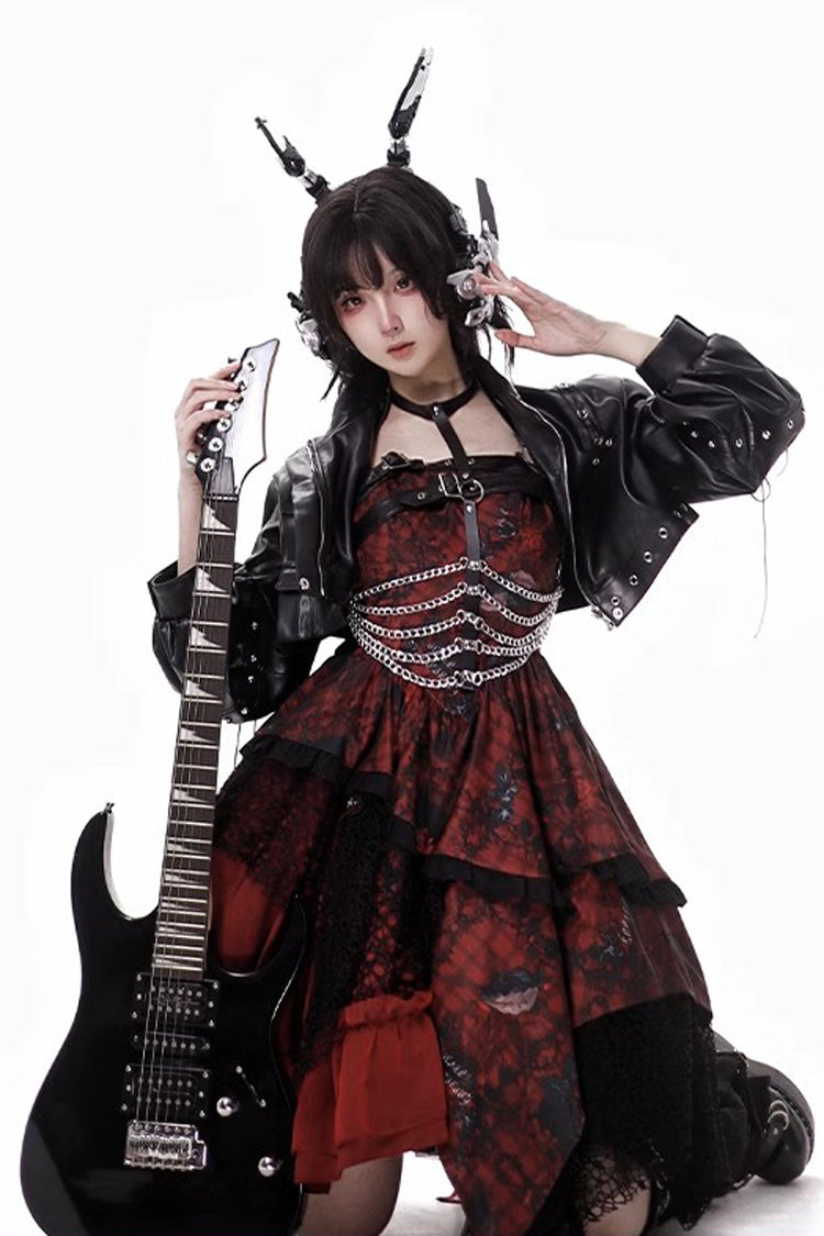 Red Strawberries of Blood and Tears Sleeveless Print Ruffle Bowknot Lace Asymmetric Gothic Lolita Jsk Dress