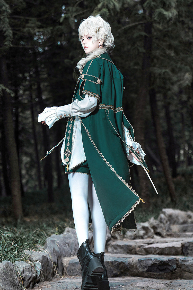 Green Theocratic Messenger Embroidery Classic Military Gorgeous Handsome Ouji Lolita Coat Blouse Shorts Set