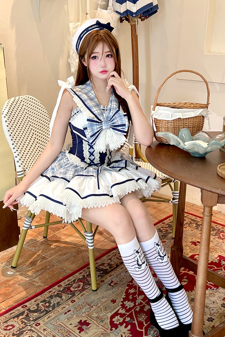 Blue/White Sailing Love Navy Collar Sleeveless Plaid Print Ruffle Bowknot Sweet Lolita Dress