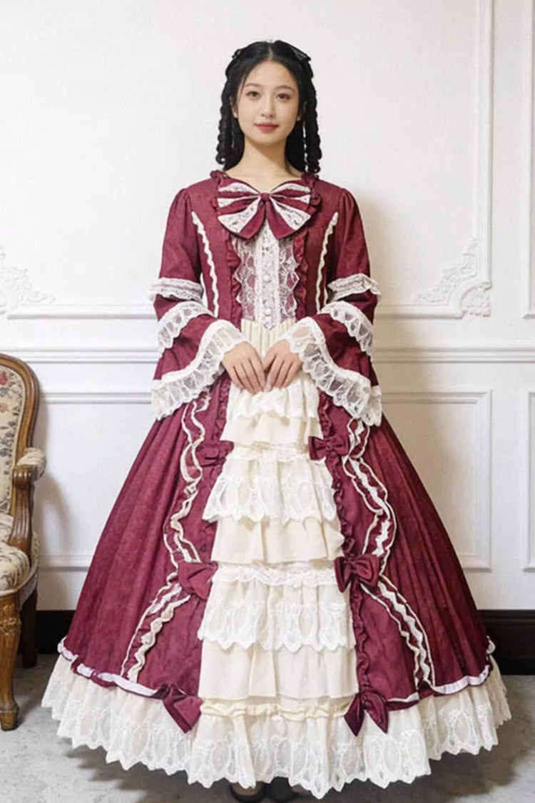 Sweet Plus Size Long Sleeves Triple-Layered Ruffled Open-Front Bow Lace Princess Lolita Victorian Dress