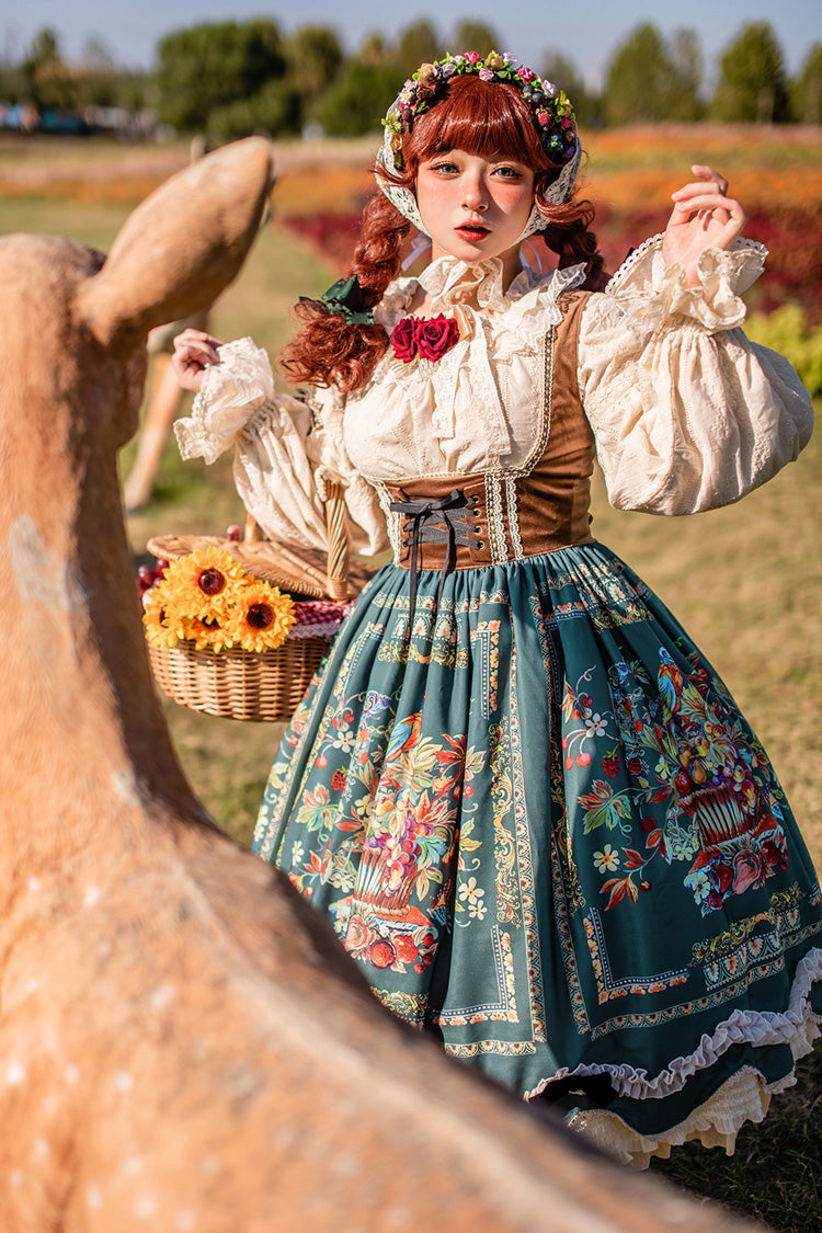 Green Ode to Plenty Berries and Birds Print Ruffle Bowknot Velvet Classic Lolita Breast Support Jsk Dress