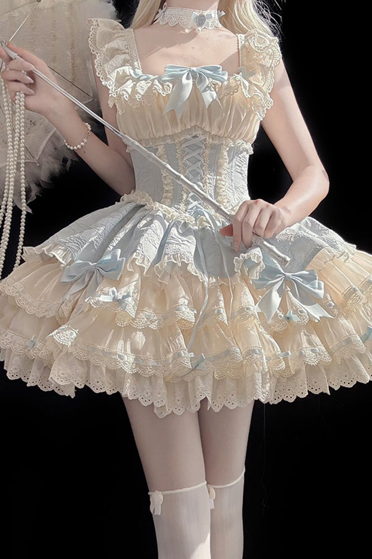 Blue Flory Butterfly Double-Layered Ruffle Bowknot Lace Lace-Up Sweet Ballet Lolita Jsk Dress