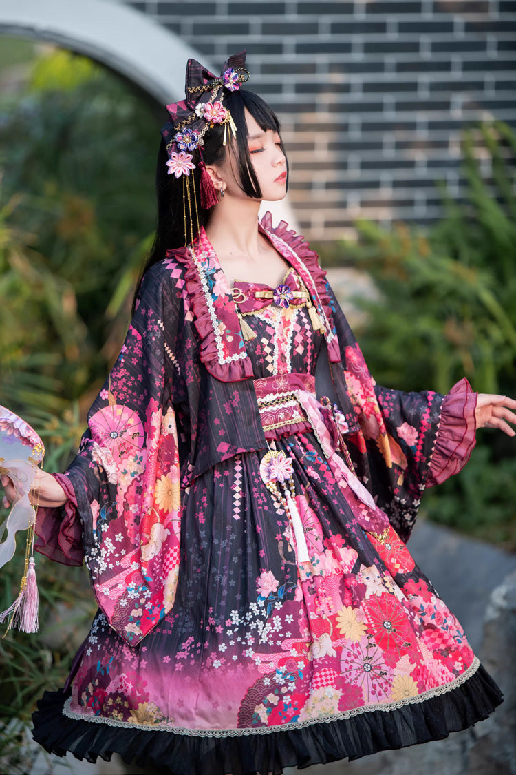 Black/Red Cherry Blossom Cat Islet Sleeveless Printed Ruffled Bow Sweet Lolita Jsk Dress Set