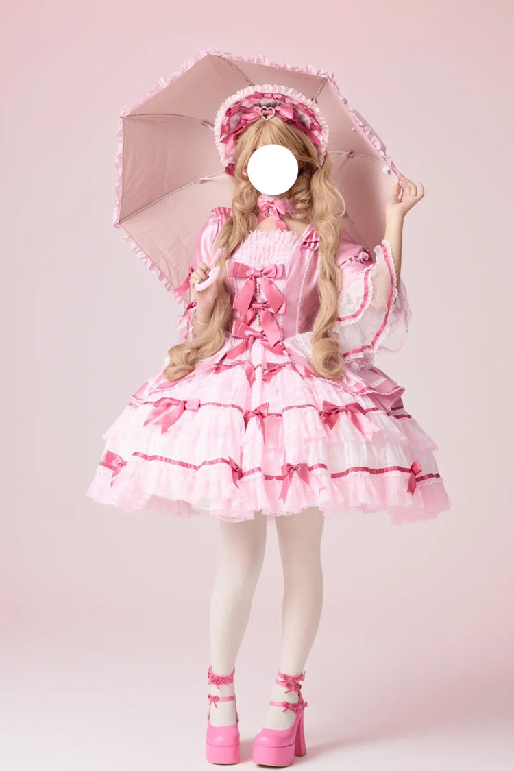 Pink Velvet Cake Long Trumpet Sleeves Multi-Layered Ruffle Bowknot Lace Sweet Lolita Dress
