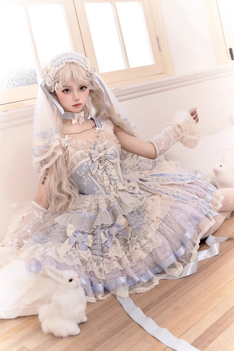 Blue Moonstone Sleeveless Ruffle Embroidery Bowknot Lace Fishbone Sweet Princess Lolita Dress