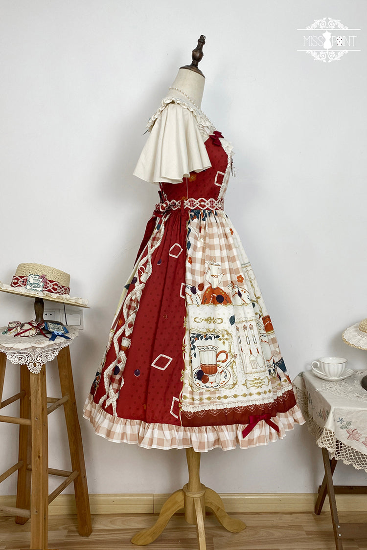 Red Tea Party Print Ruffle Bowknot Lace Sweet Elegant Lolita Jsk Dress