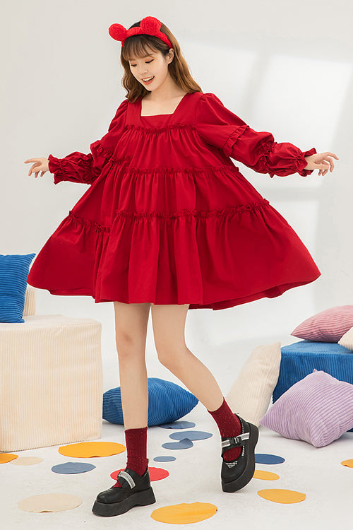 Red Square Neck Ruffled Long Sleeves Oversized High Waisted Sweet Lolita OP Dress