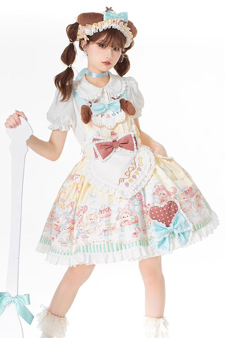 Multi-Color Sweet Pet Paradise Print Ruffle Bowknot Vintage Lolita Strap Dress