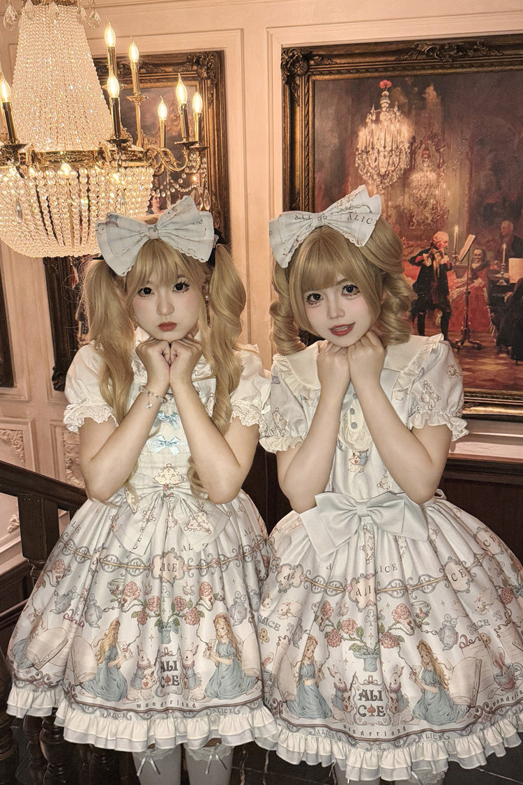 Light Blue The Princess's Magical Diary Printed Short Sleeves Ruffled Bow Sweet Princess Lolita Dress