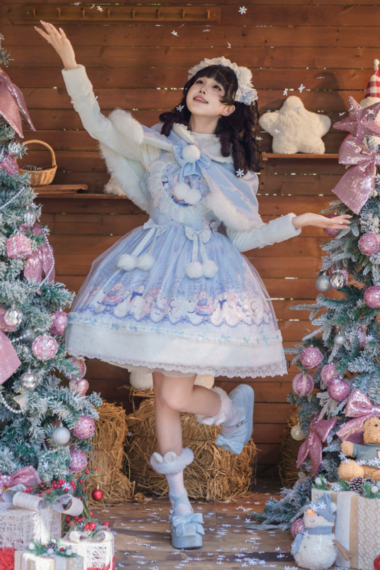 Blue Snowball Wonderland Print Merry Christmas Ruffle Bowknot Lace Sweet Lolita Jsk Dress