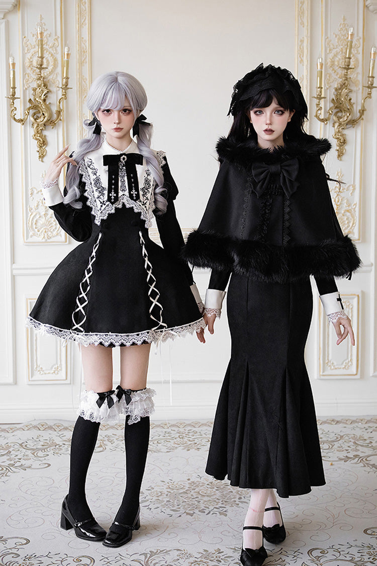 Black/White Rose Doll Square Collar Long Sleeves Bowknot Lace-Up Gothic Lolita Dress Set 2 Versions