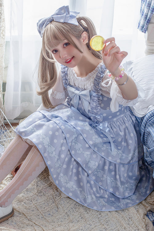 Polka Dot Print Sleeveless Bowknot Multi-Layer Ruffled High Waisted Sweet Lolita Tiered JSK Dress