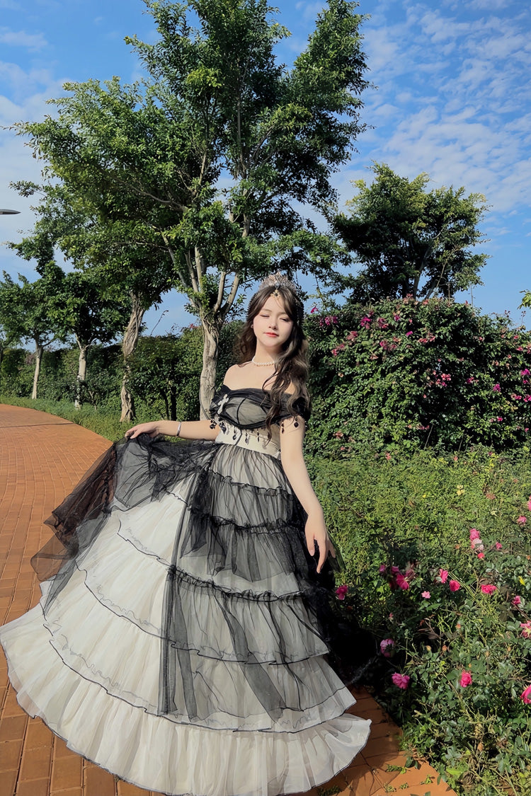 Black/White Ruffle Hanayome Lace Lace-Up Gothic Plus Size Lolita Jsk Dress (Long Version)