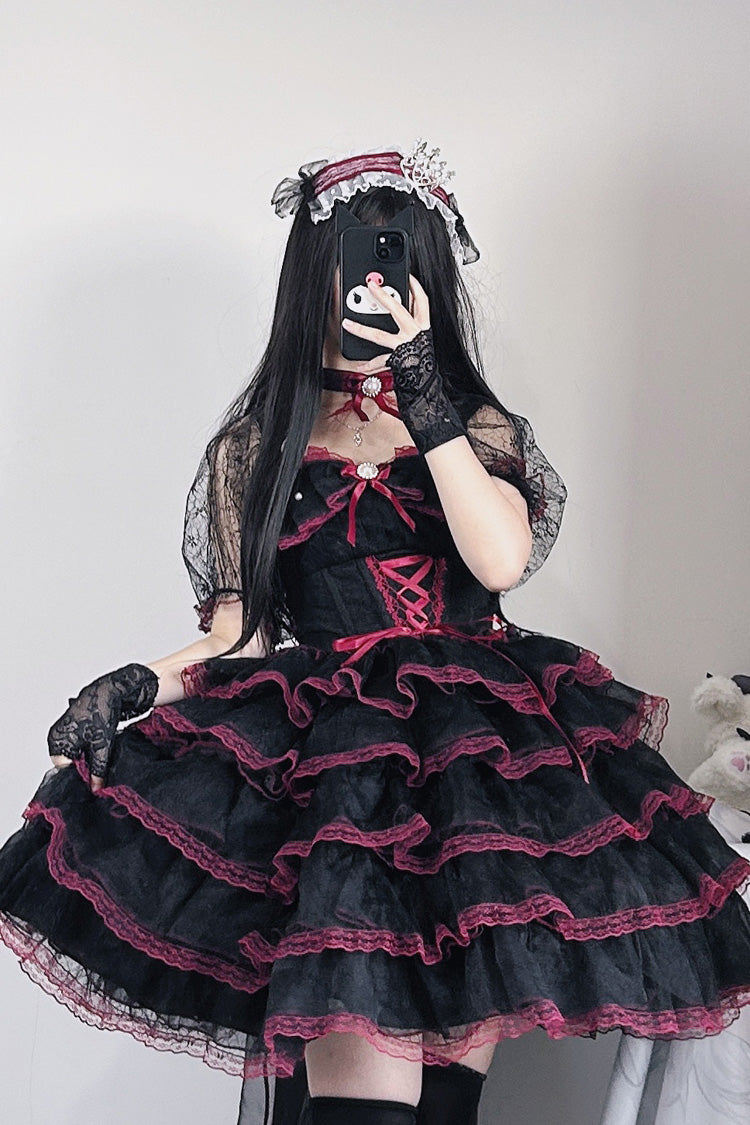 Black/Red Short Sleeves Multi-Layered Ruffle Hanayome Bowknot Lace Plus Size Sweet Lolita Dress (Short Version)
