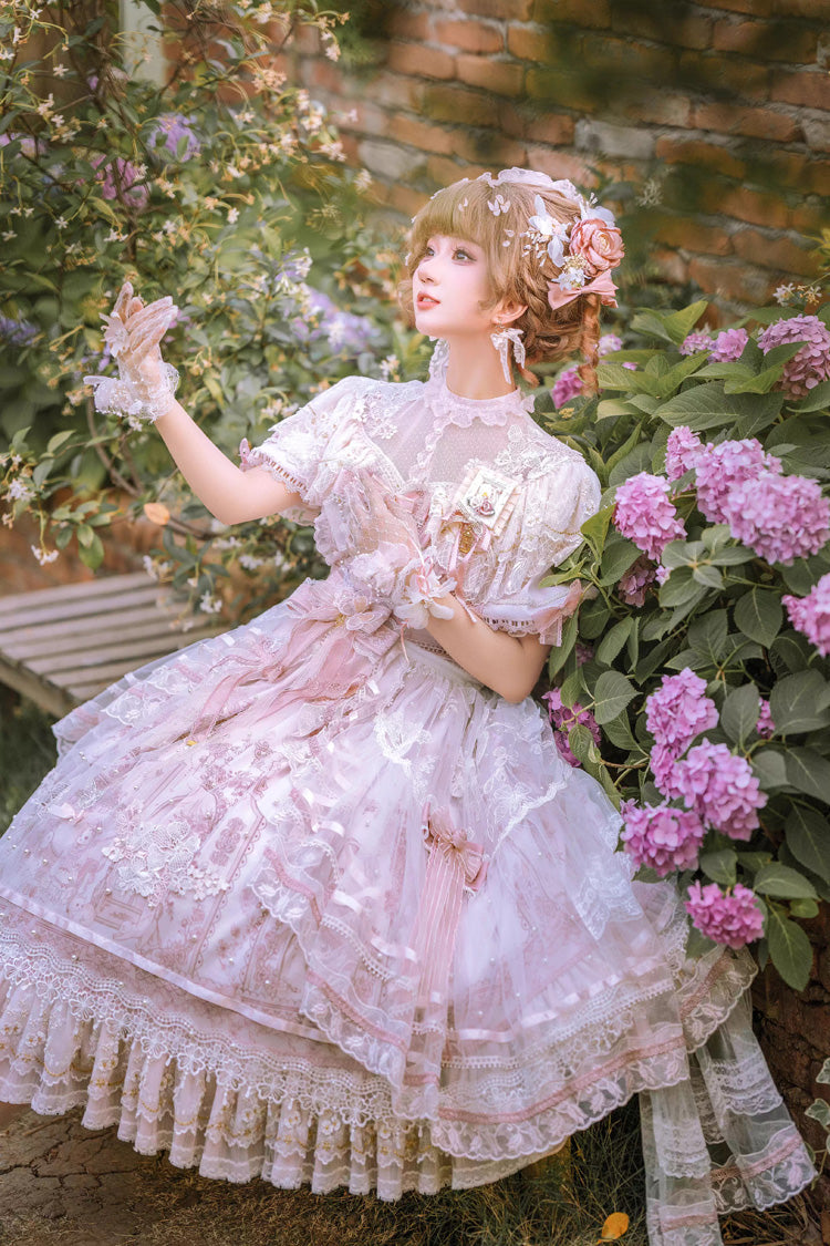 White/Pink Realm of Sunset Short Sleeves Printed Ruffled Hanayome Bow Lace Gorgeous Sweet Lolita Dress Set