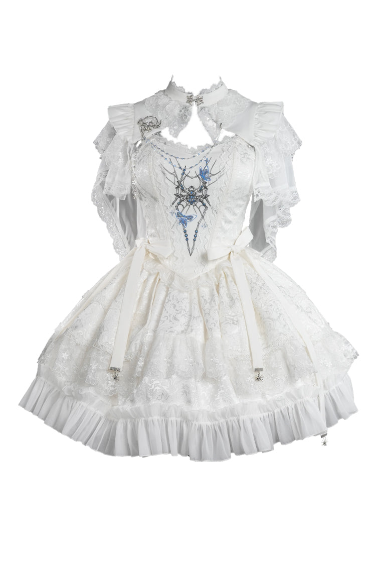 White Sleeveless Spider Embroidery Bowknot Lace Gothic Princess Lolita Skirt Two-piece Set