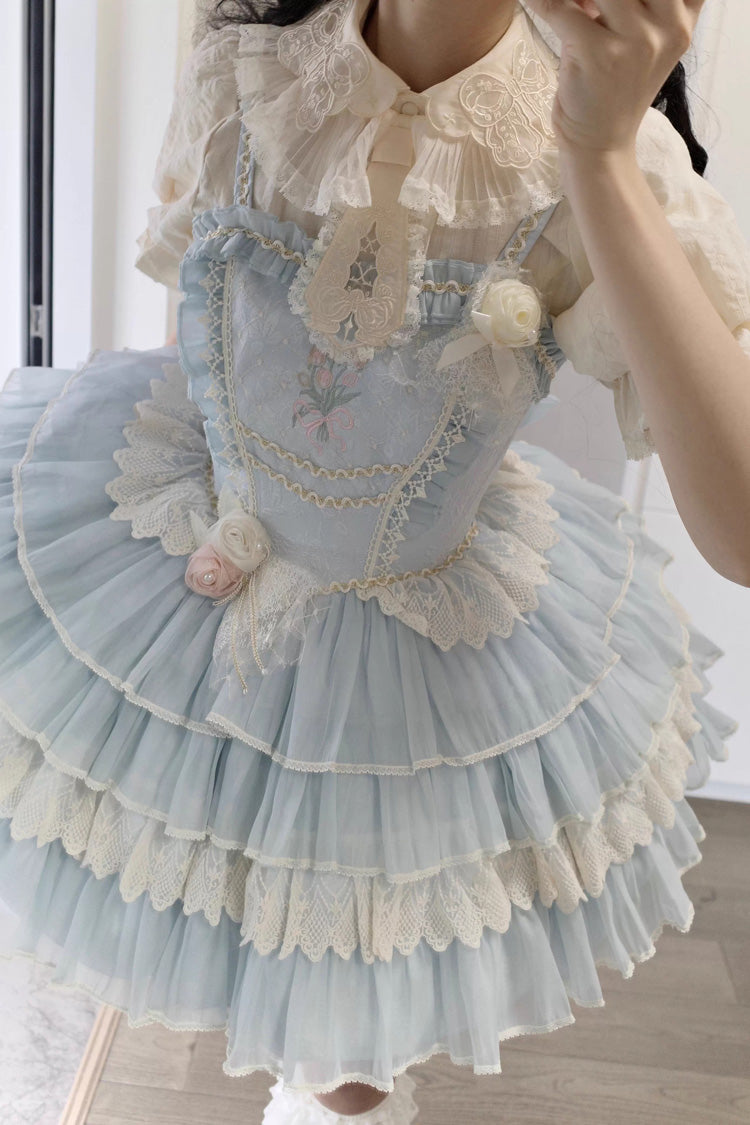 Good Night, Tulip Sleeveless Multi-Layered Ruffled Embroidered Lace Sweet Ballet Lolita Jsk Dress 2 Colors