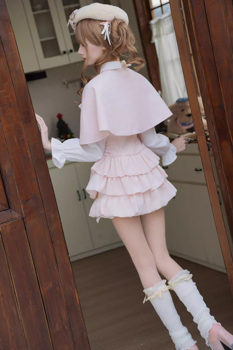 Pink Cherry Blossom Snow Lapel Collar Long Sleeves Triple-Layered Ruffled Bow Faux Two-Piece Sweet Lolita Dress