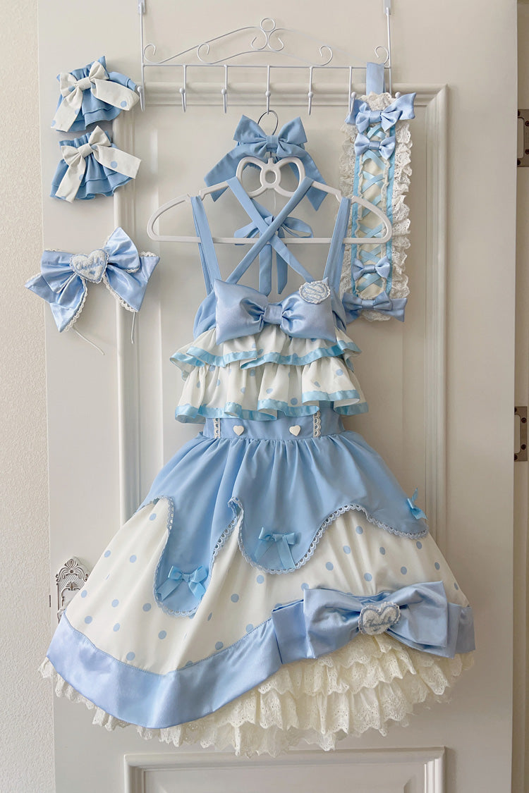Blue Cream Multi-Layered Polka Dots Print Ruffle Bowknot Sweet Lolita Jsk Dress