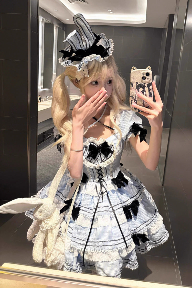 Triple-Layered Short Sleeves Vertical Stripes Print Ruffle Bowknot Lace-Up Sweet Lolita Jsk Dress 2 Colors