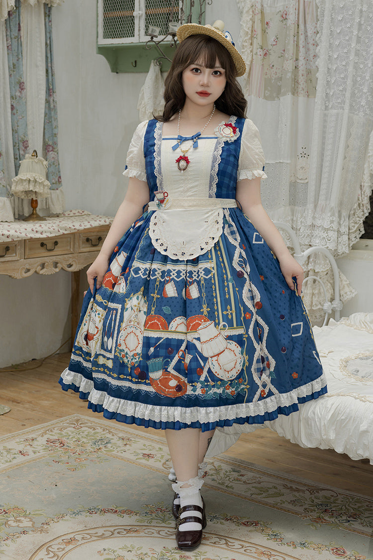 Dark Blue Tea Party Short Sleeves Print Ruffle Bowknot Lace Sweet Elegant Lolita Dress