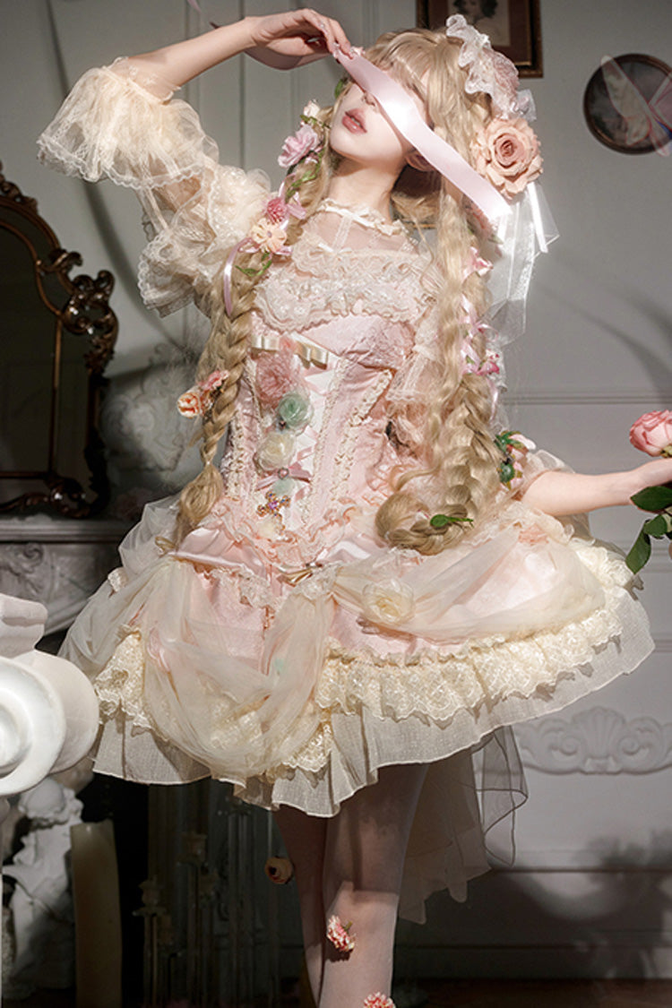 Pink Dream Garden Ruffle Hanayome Embroidery Bowknot Lace Fishbone Sweet Princess Gorgeous Lolita Jsk Dress
