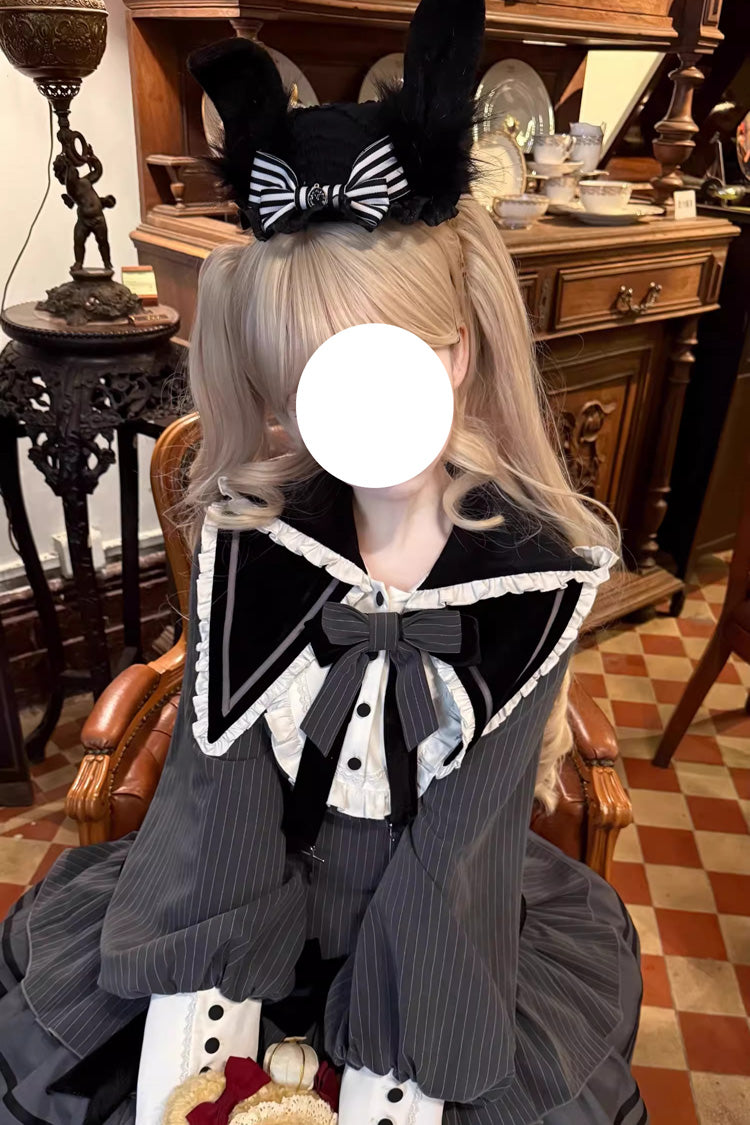 Black Bizarre Rabbit Opera Navy Collar Long Sleeves Print Ruffle Bowknot Gothic Lolita Dress
