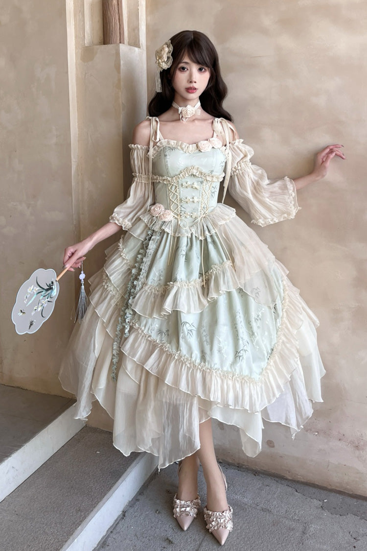 Green Tea Bamboo Song Sleeveless Jacquard Ruffle Bowknot Lace Irregular Sweet Chinese Style Ballet Lolita Jsk Dress Long Version Set