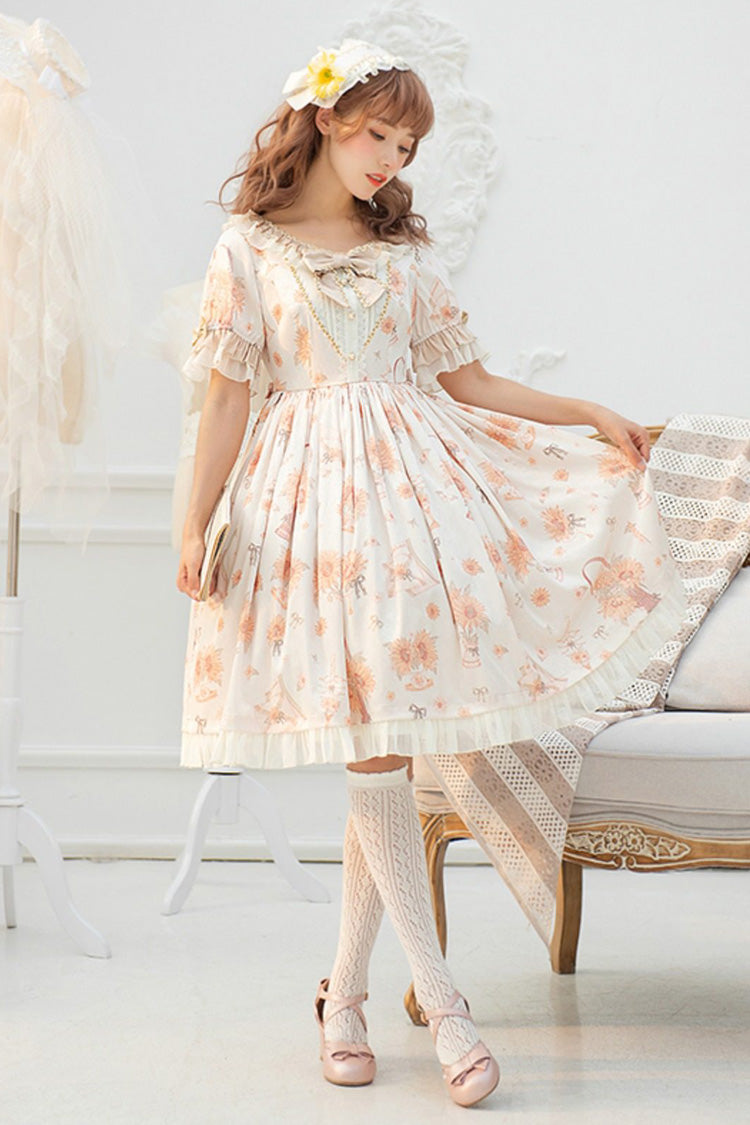 Ivory Miss Sunflower Short Sleeves Printed Ruffled Bow Sweet Lolita Dress