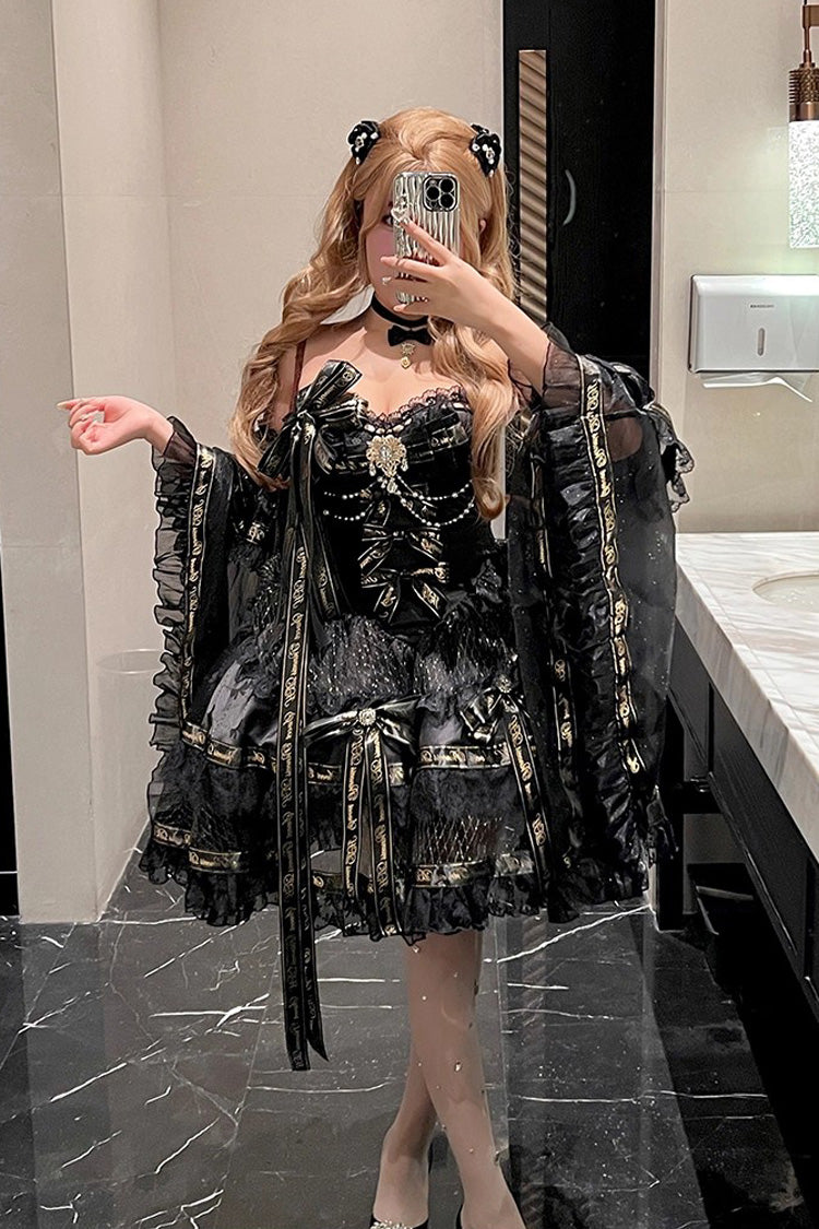 Black Golden Obsidian Night Sleeveless Double-Layered Ruffle Bowknot Pearl Gothic Princess Lolita Dress