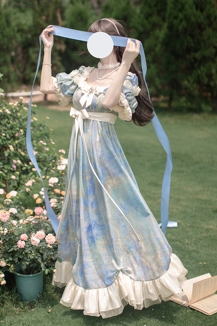 Blue Oil Painting Sun and Moon Poem Short Sleeves Print Ruffle Bowknot Sweet Princess Lolita Dress