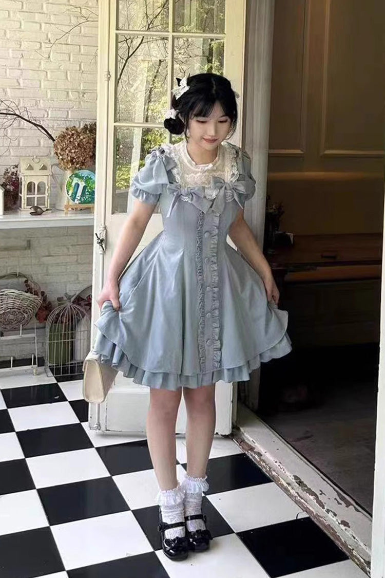 Light Blue Annie's Gift Short Sleeves Bowknot Short Version Sweet Lolita Dress (Plus Size Support)