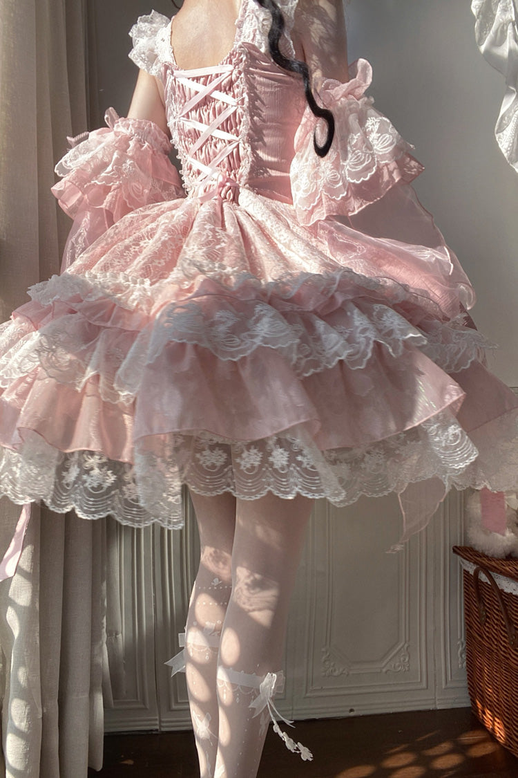 Pink Spring Waters Reflecting Pear Blossoms Ruffled Embroidered Open-Front Bow Lace Sweet Lolita Jsk Dress