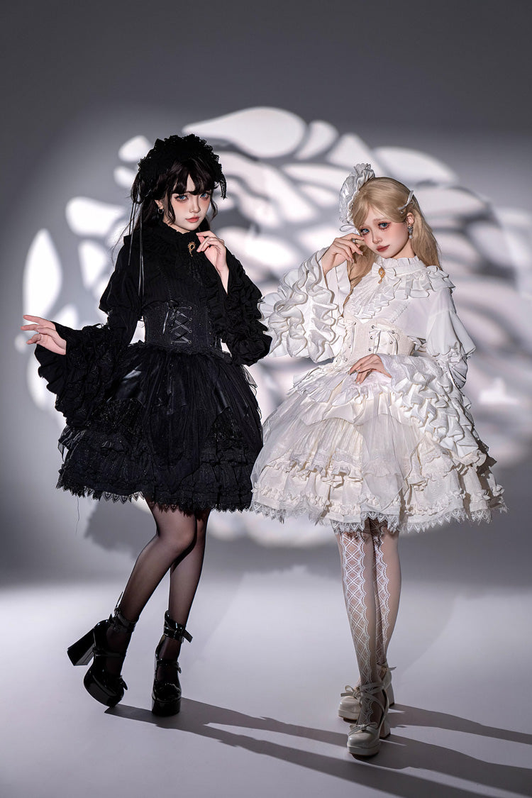 White The Angel of Good and Evil Multi-Layered Ruffled Lace Sweet Elegant Lolita Skirt (Corset Belt Included)