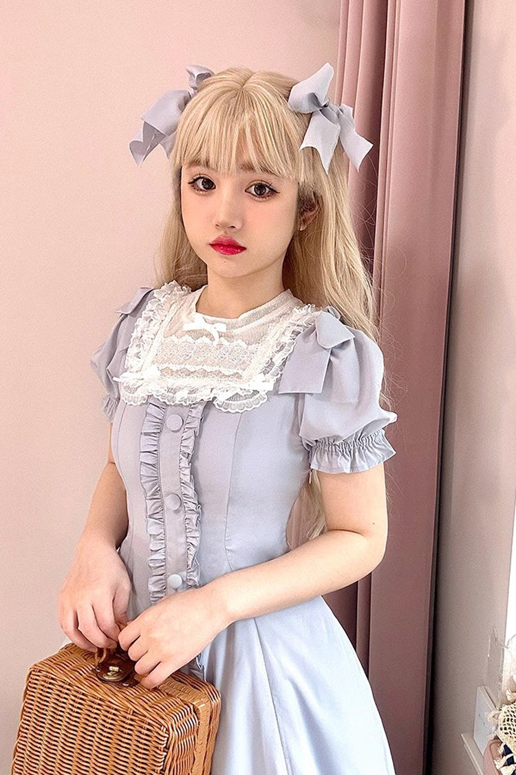 Light Blue Annie's Gift Short Sleeves Bowknot Sweet Lolita Dress (Plus Size Support)