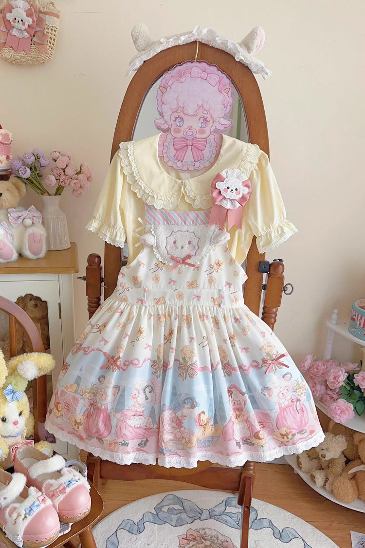 Blue/Pink Sheep Waltz Print Ruffle Bowknot Lace Sweet Lolita Strap Dress