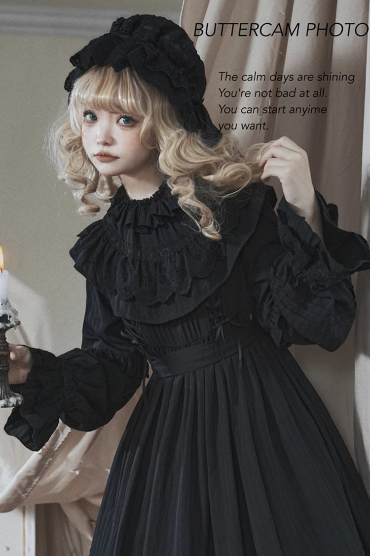 Black Good Night Long Sleeves Double-Layered Ruffle Bowknot Lace-Up Holy Gothic Lolita Dress