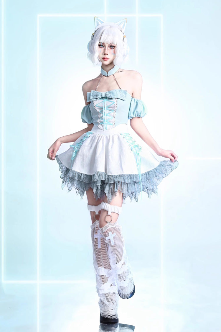 White Virtual Idol Ruffle Lace Lace-Up Sweet Lolita Skirt