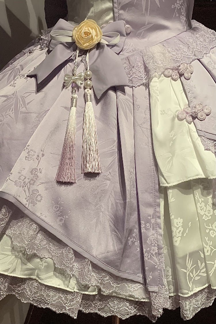 Chinese Style Short Sleeves Print Ruffle Hollow Bowknot Lace Asymmetric Sweet Vintage Lolita Dress 4 Colors